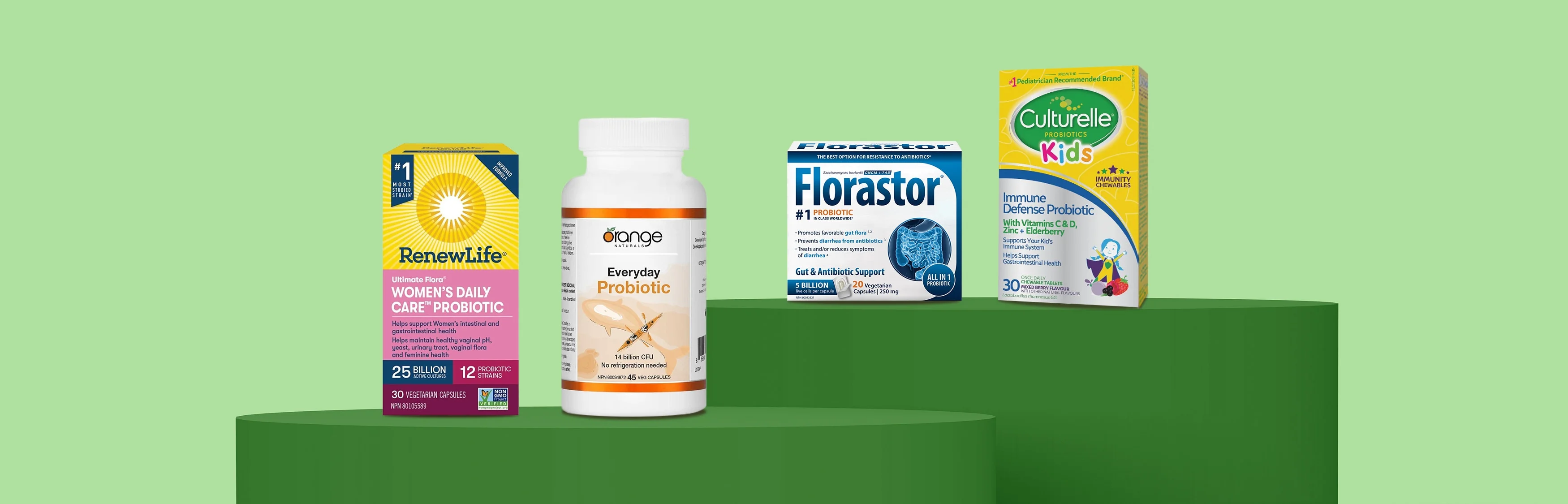 Featured digestive health probiotic products on green plinths