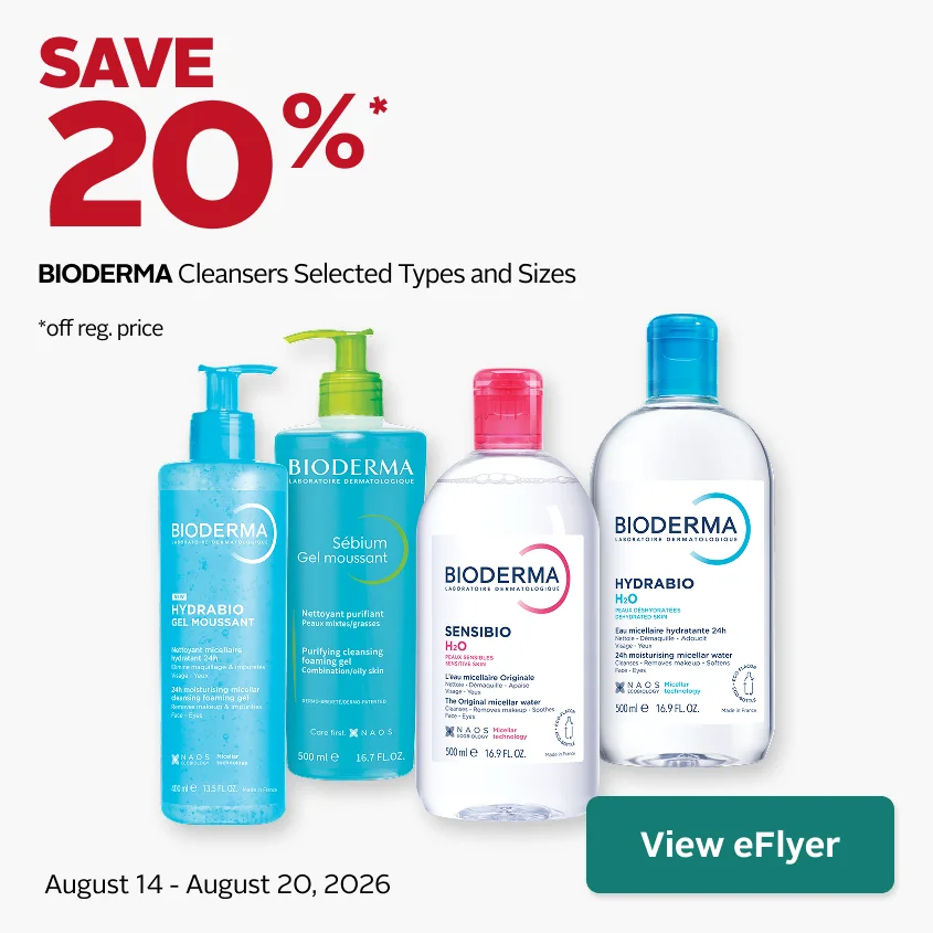 Save 20% off regular price on Bioderma cleansers selected types and sizes. Offer valid August 14–20.