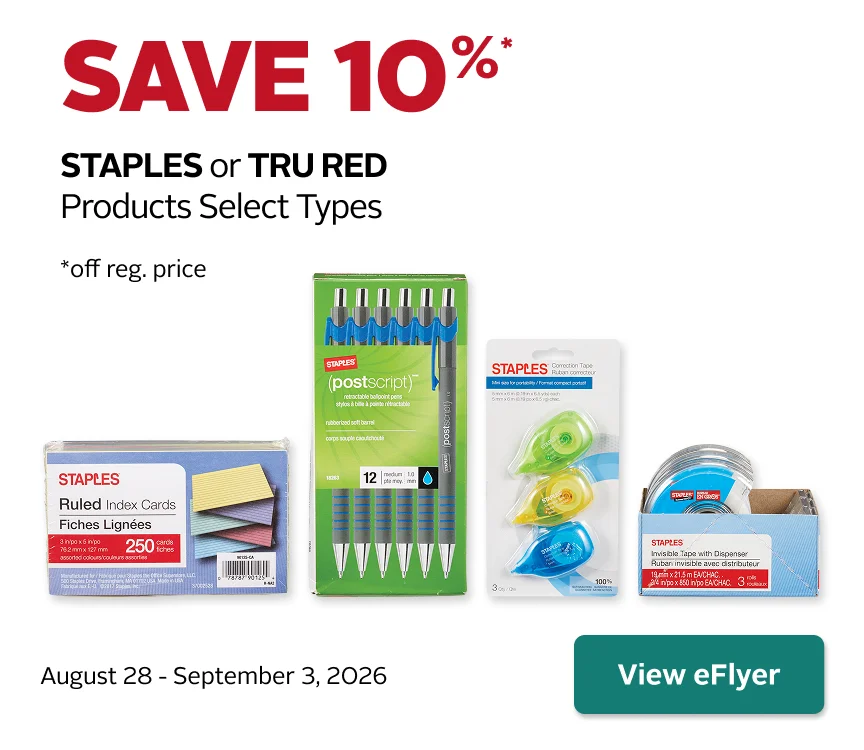 Save 10% on select STAPLES and TRU RED products. Offer valid August 28 to September 3.