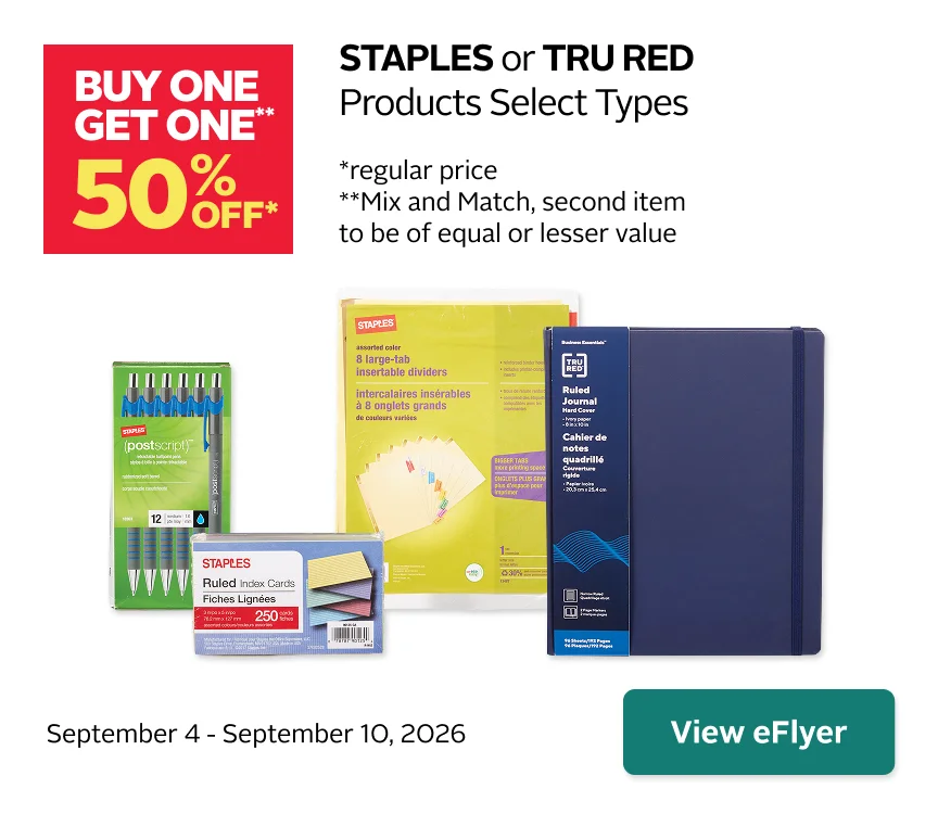 Staples BOGO. Buy one, get one 50% off select STAPLES or TRU RED products at regular price. Mix and match eligible items. Discount applies to the second item of equal or lesser value. Some exclusions may apply.