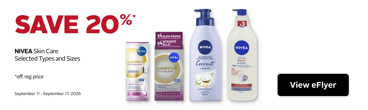 Save 20% on regular-priced Nivea Skin Care products, selected types and sizes. Offer valid September 11 to September 17.