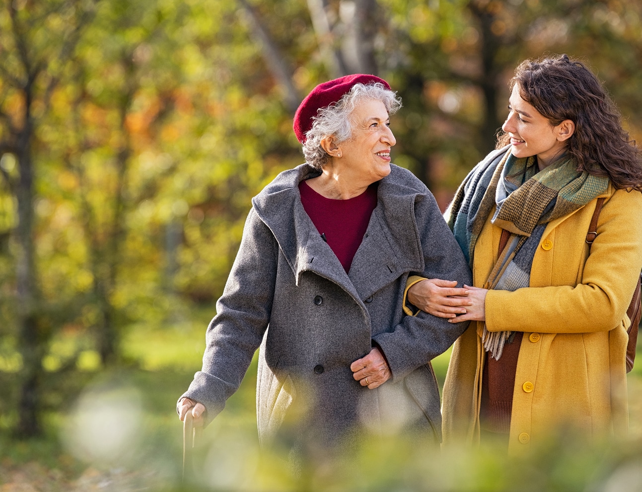 Elderly couple walking in autumn